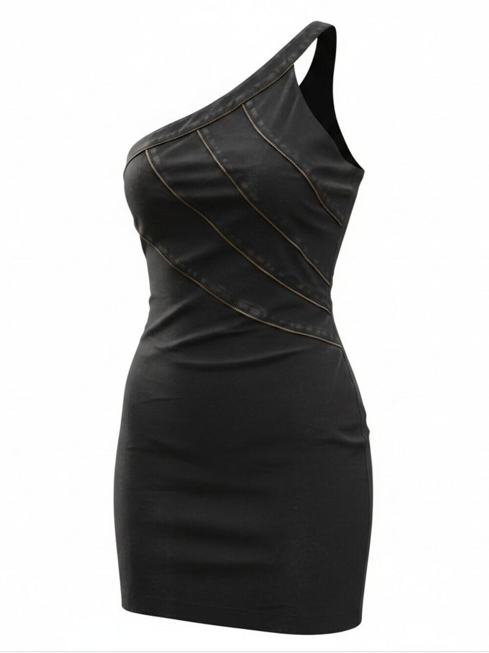 Free People One-Shoulder Black Mini Dress with Contrast Zipper Stitching Size 6